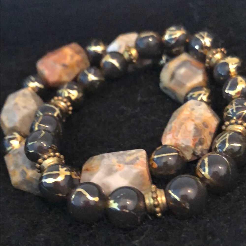 BRACELET POLISHED GRANITE STONE &JAPANESE BEADS